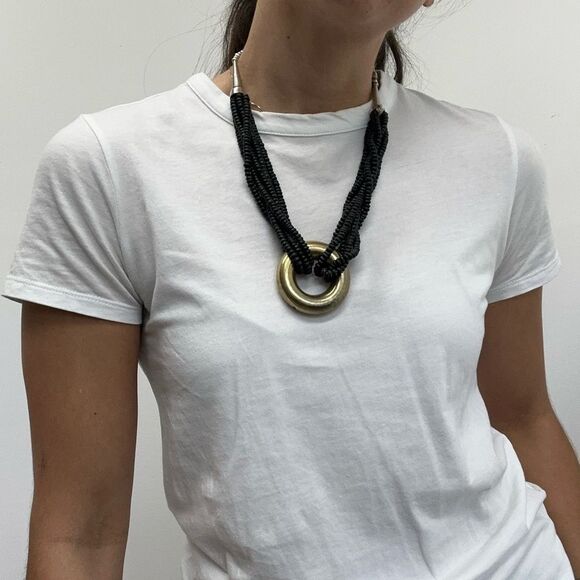 Mix Metal & Black Bead Vintage 80's Chunky Statement Necklace 22" - Picture 3 of 9